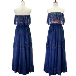 Sherri Hill Navy Blue Floral Boho Embroidered Formal Tulle Two Piece Gown Size 4